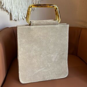 Elegant Beige Suede Tote Bag with Tortoise Handle
